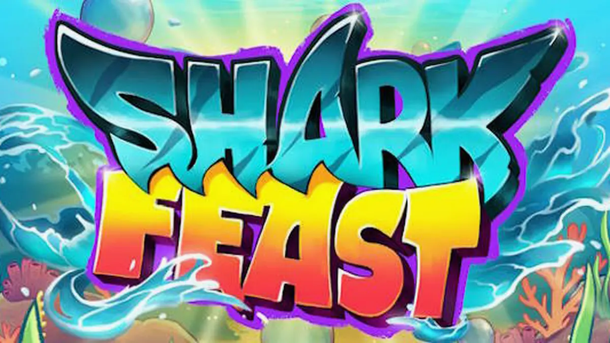 Pemandangan visual dari slot Shark Feast dengan tema pesta bawah laut neon